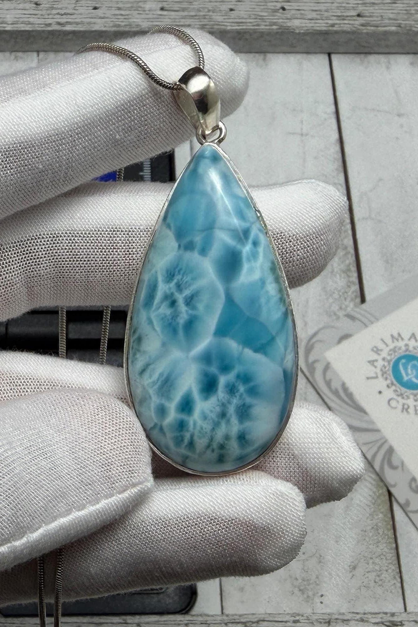 Large Teardrop Larimar Pendant 925 Sterling Silver - Larimar Creations