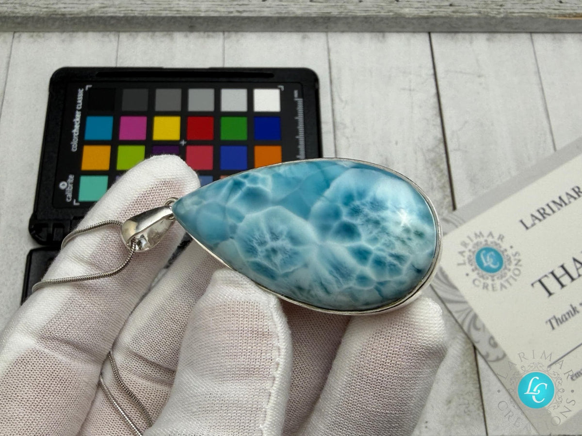 Large Teardrop Larimar Pendant 925 Sterling Silver - Larimar Creations