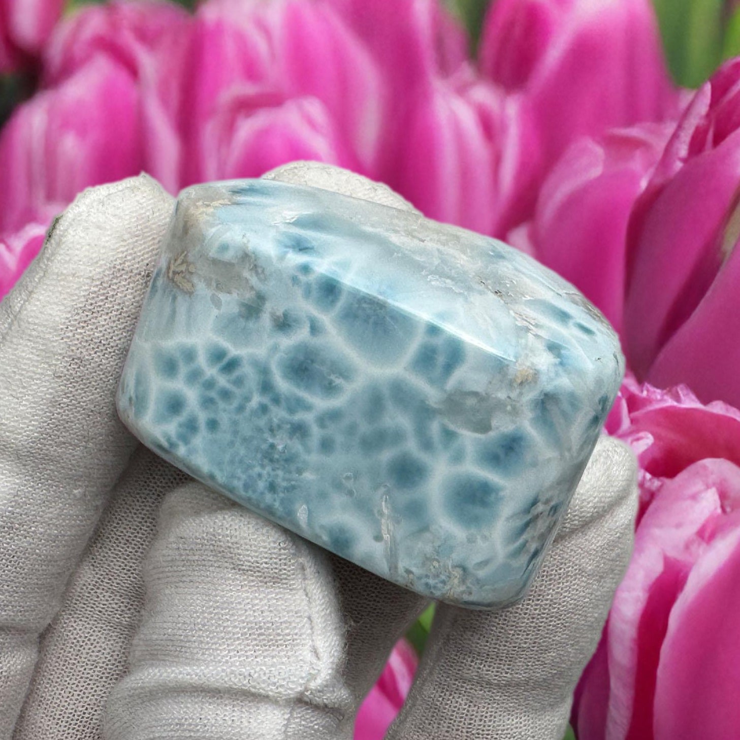 Larimar Cabochon Turtleback Pattern, Sea Blue White Collector’s Slab, Small Polished Gemstone, Mother's Day Gift, Healing