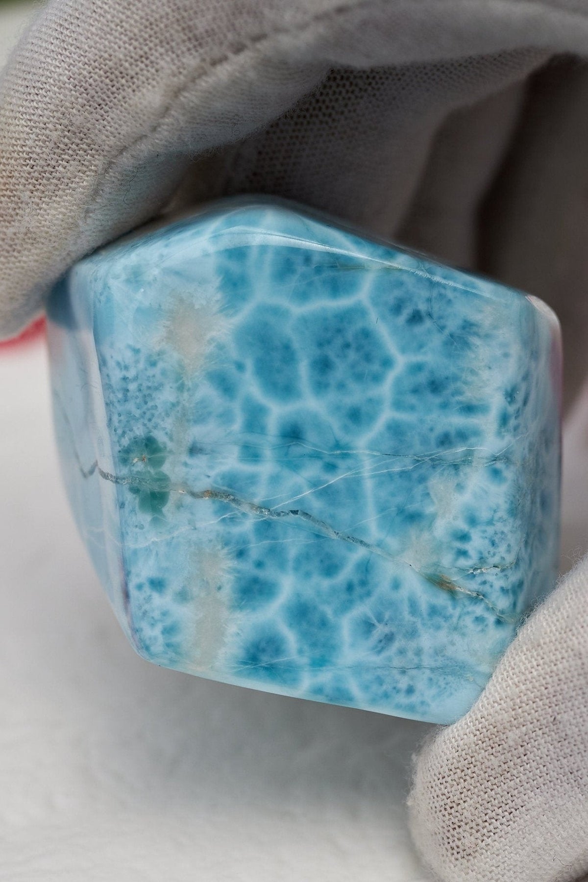 91.g Raw Larimar Big Cabochon all sides polished Larimar turtleback top quality authentic dominican larimar