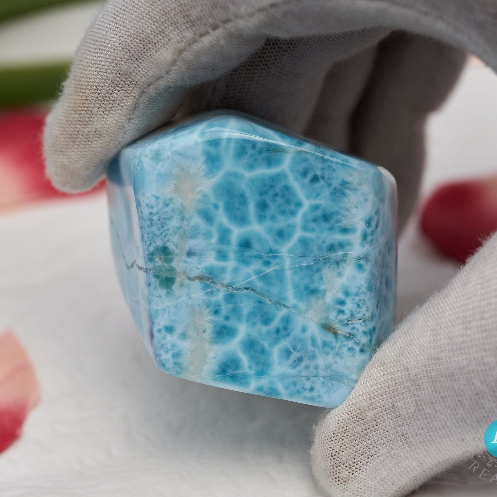 91.g Raw Larimar Big Cabochon all sides polished Larimar turtleback top quality authentic dominican larimar