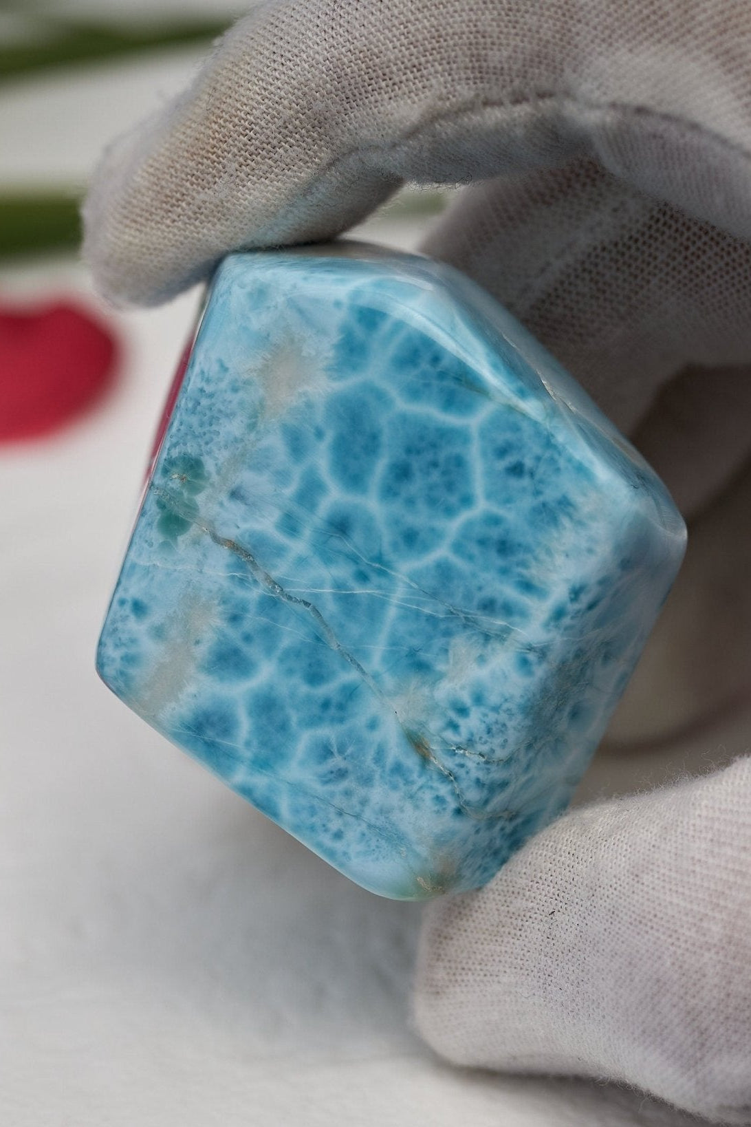 91.g Raw Larimar Big Cabochon all sides polished Larimar turtleback top quality authentic dominican larimar