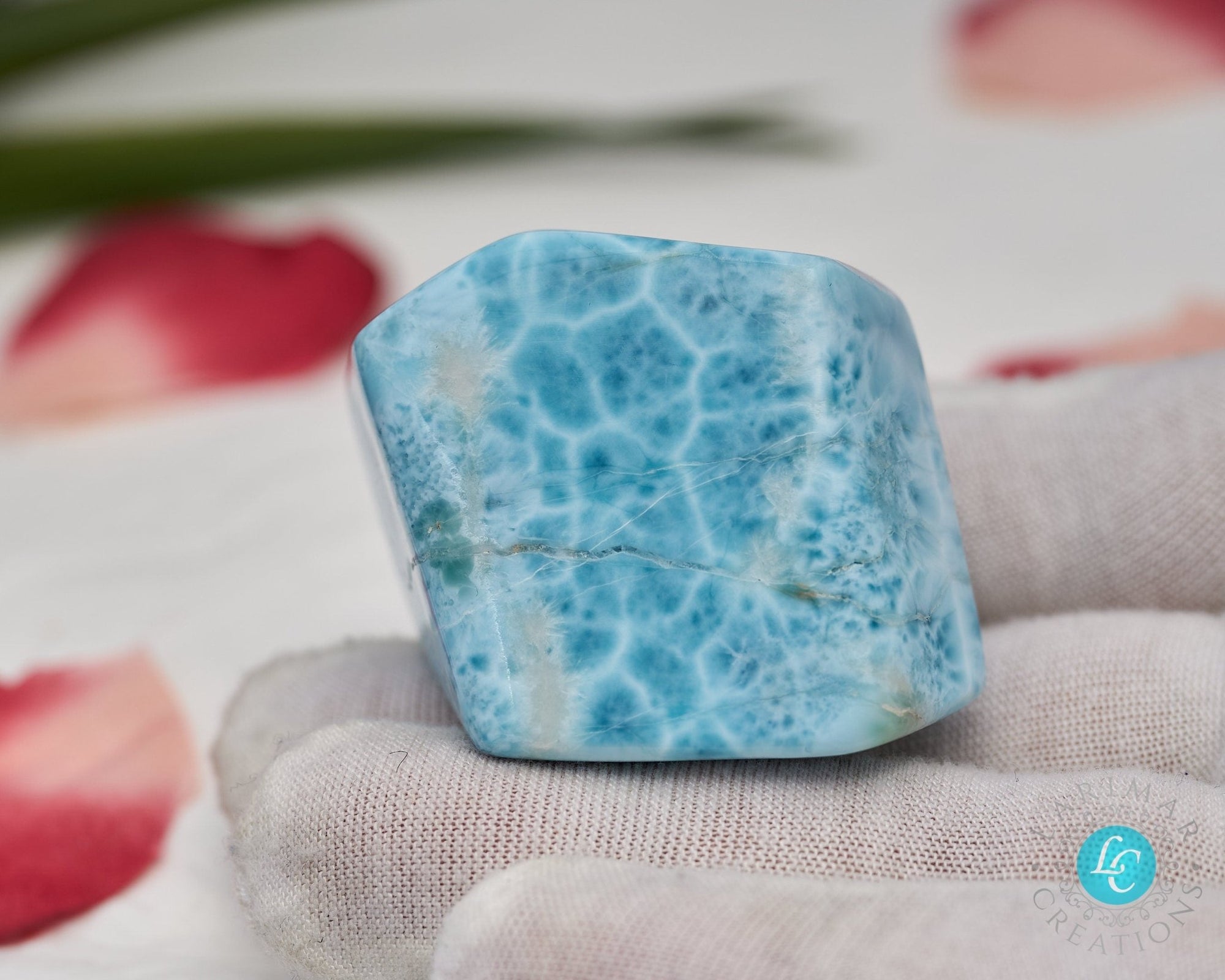 91.g Raw Larimar Big Cabochon all sides polished Larimar turtleback top quality authentic dominican larimar