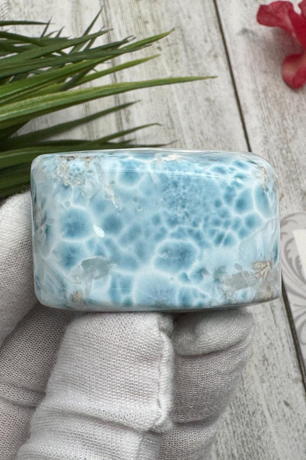 Larimar Cabochon Turtleback Pattern, Sea Blue White Collector’s Slab, Small Polished Gemstone, Mother's Day Gift, Healing