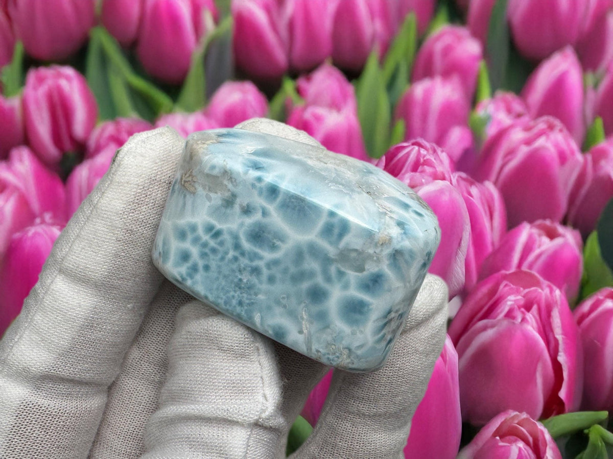 Larimar Cabochon Turtleback Pattern, Sea Blue White Collector’s Slab, Small Polished Gemstone, Mother's Day Gift, Healing