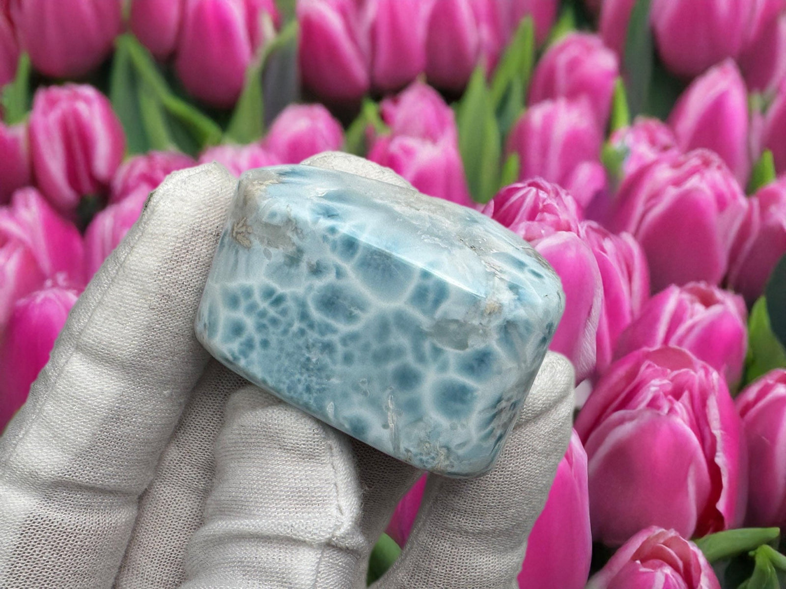 Larimar Cabochon Turtleback Pattern, Sea Blue White Collector’s Slab, Small Polished Gemstone, Mother's Day Gift, Healing