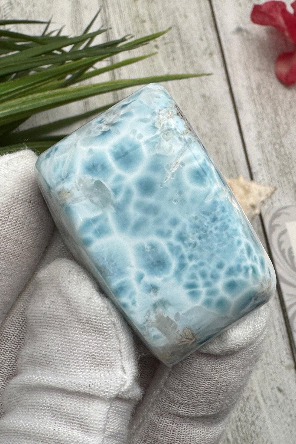 Larimar Cabochon Turtleback Pattern, Sea Blue White Collector’s Slab, Small Polished Gemstone, Mother's Day Gift, Healing