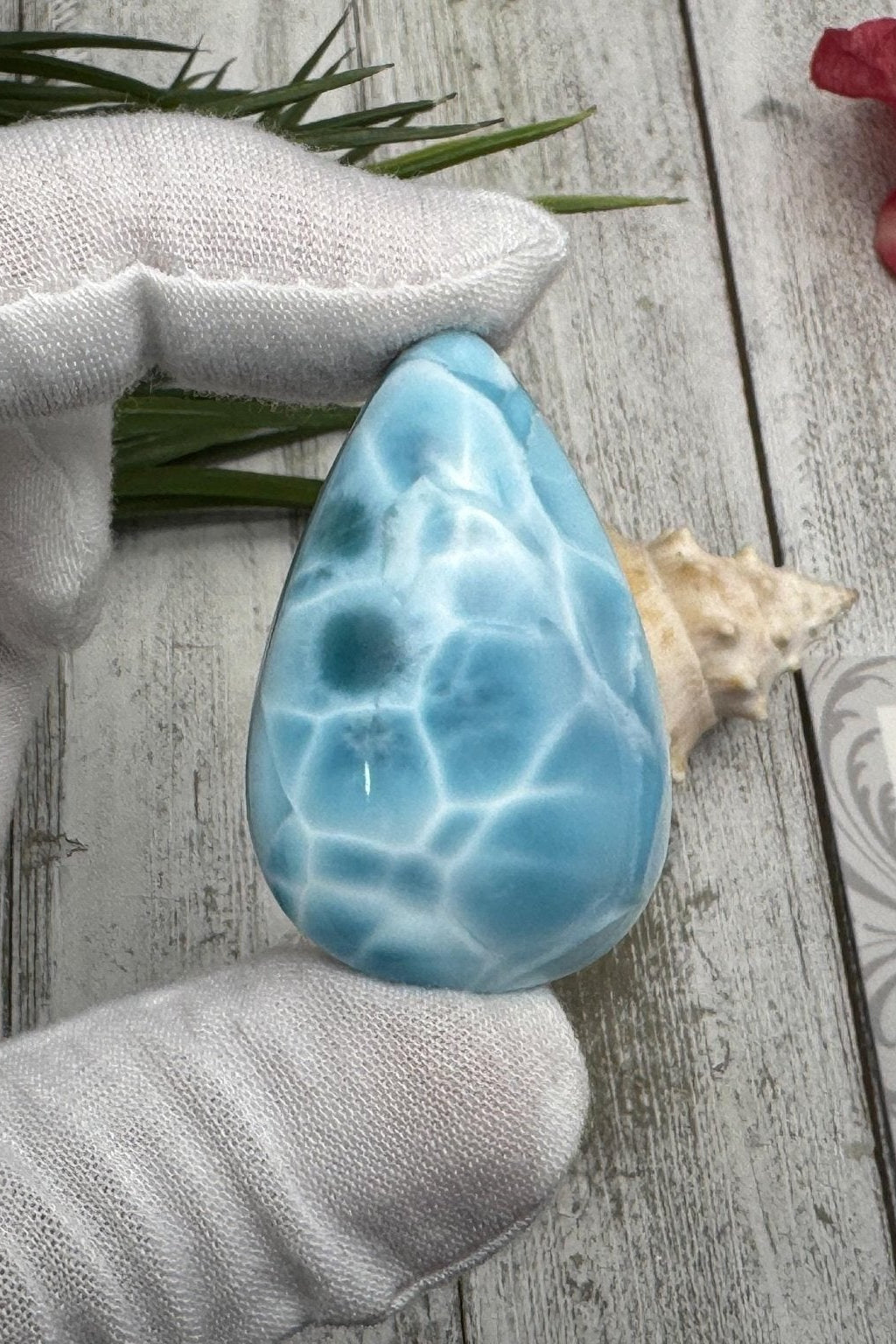 High-quality blue Larimar gemstone with ocean-like patterns, displayed in a white-gloved hand next to a branded