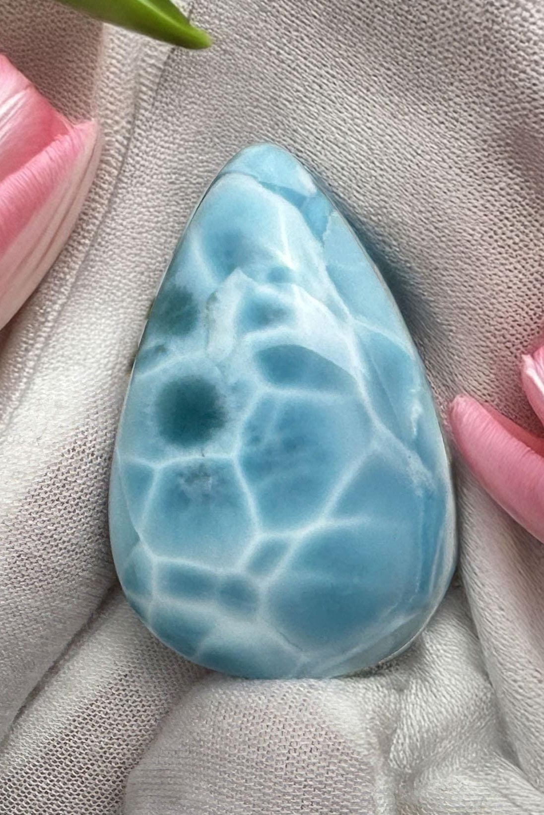 High-quality blue Larimar gemstone with ocean-like patterns, displayed in a white-gloved hand next to a branded