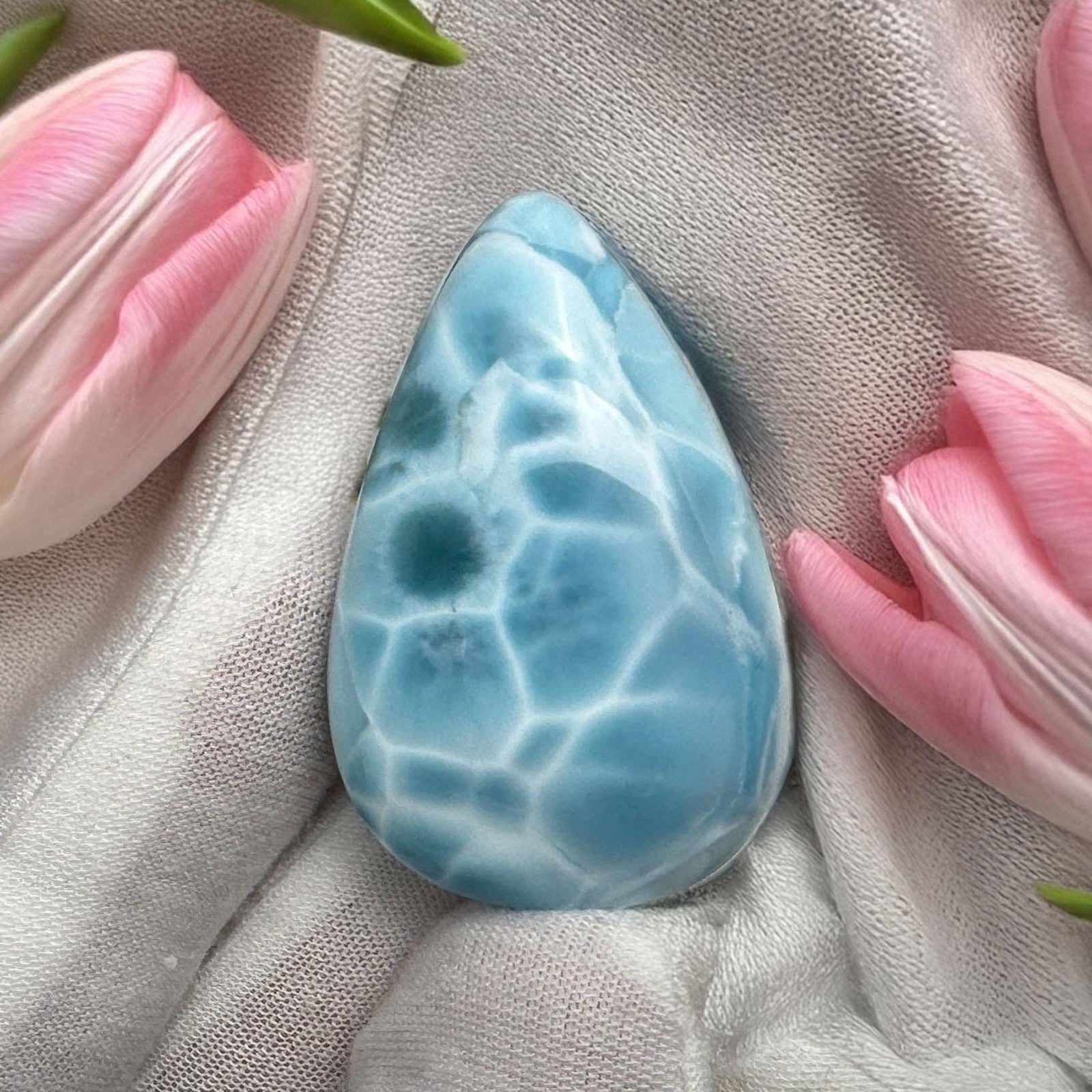 High-quality blue Larimar gemstone with ocean-like patterns, displayed in a white-gloved hand next to a branded