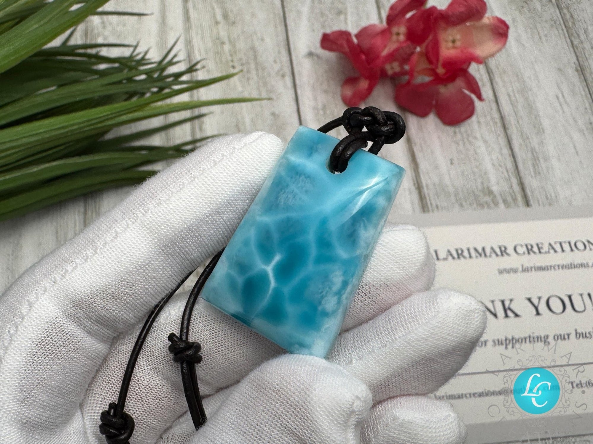 Larimar Leather Necklace Bell Shape - Larimar Creations