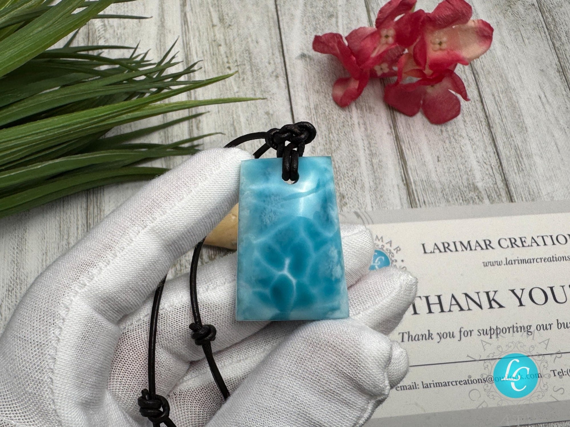 Larimar Leather Necklace Bell Shape - Larimar Creations
