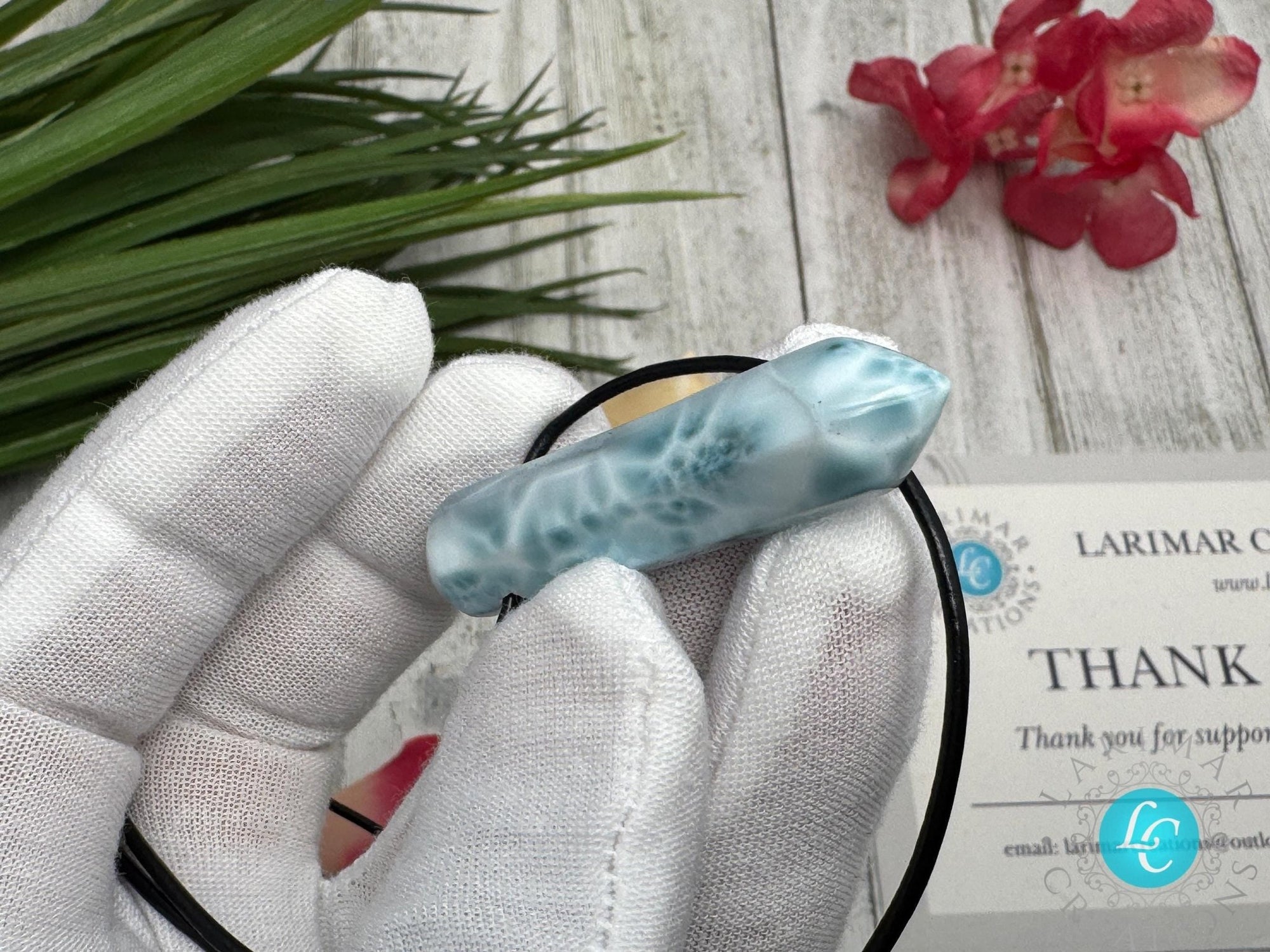 Larimar Leather Necklace pointer AAA - Larimar Creations