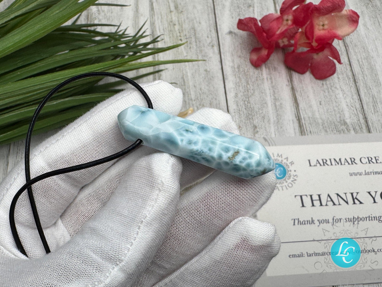 Larimar Leather Necklace pointer AAA - Larimar Creations