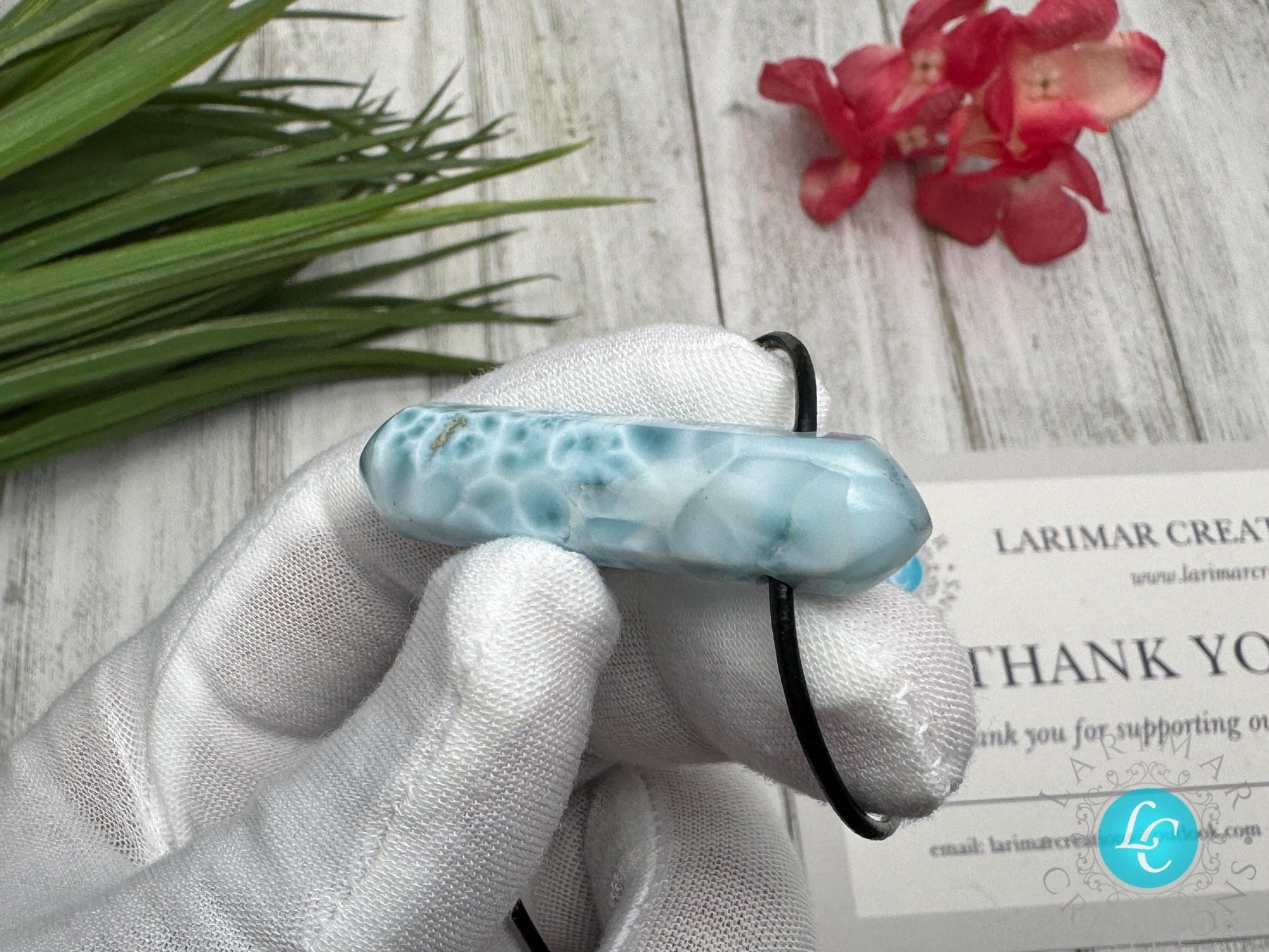 Larimar Leather Necklace pointer AAA - Larimar Creations
