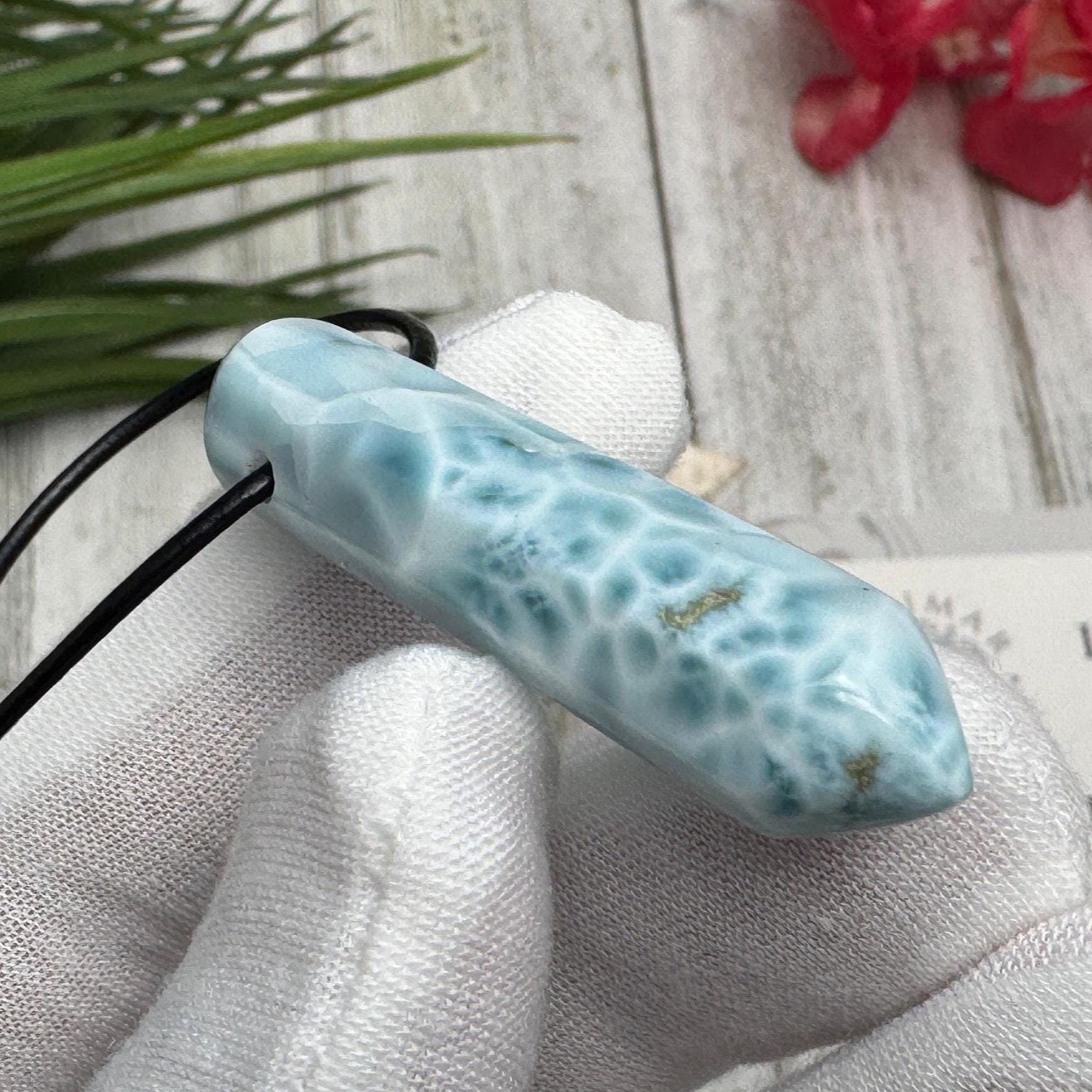 Larimar Leather Necklace pointer AAA - Larimar Creations