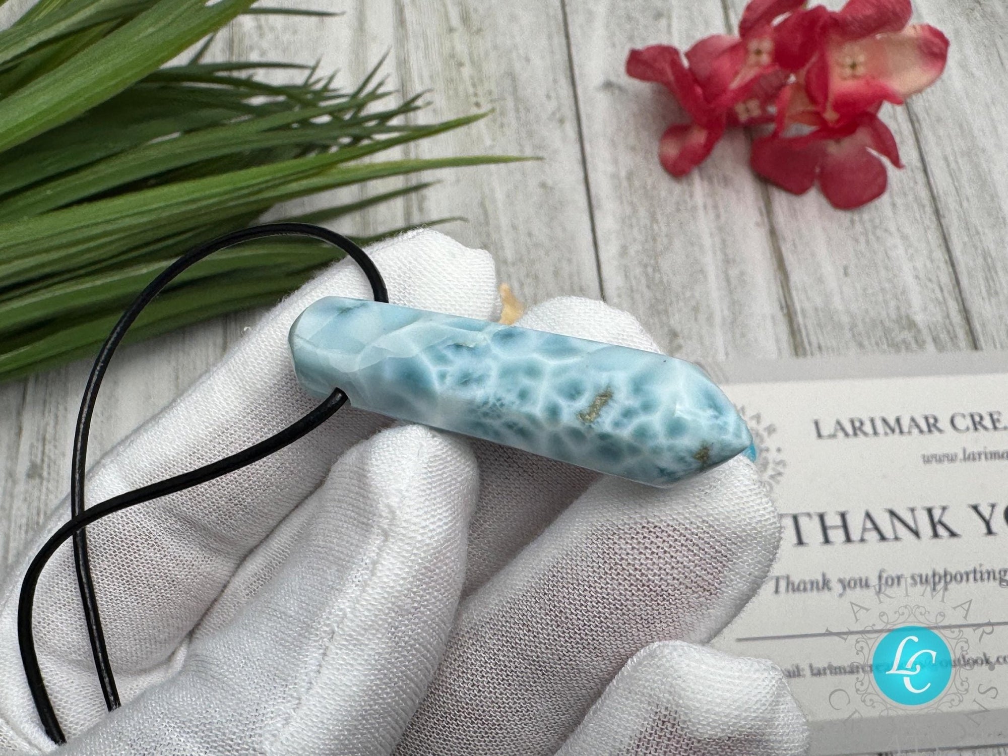 Larimar Leather Necklace pointer AAA - Larimar Creations