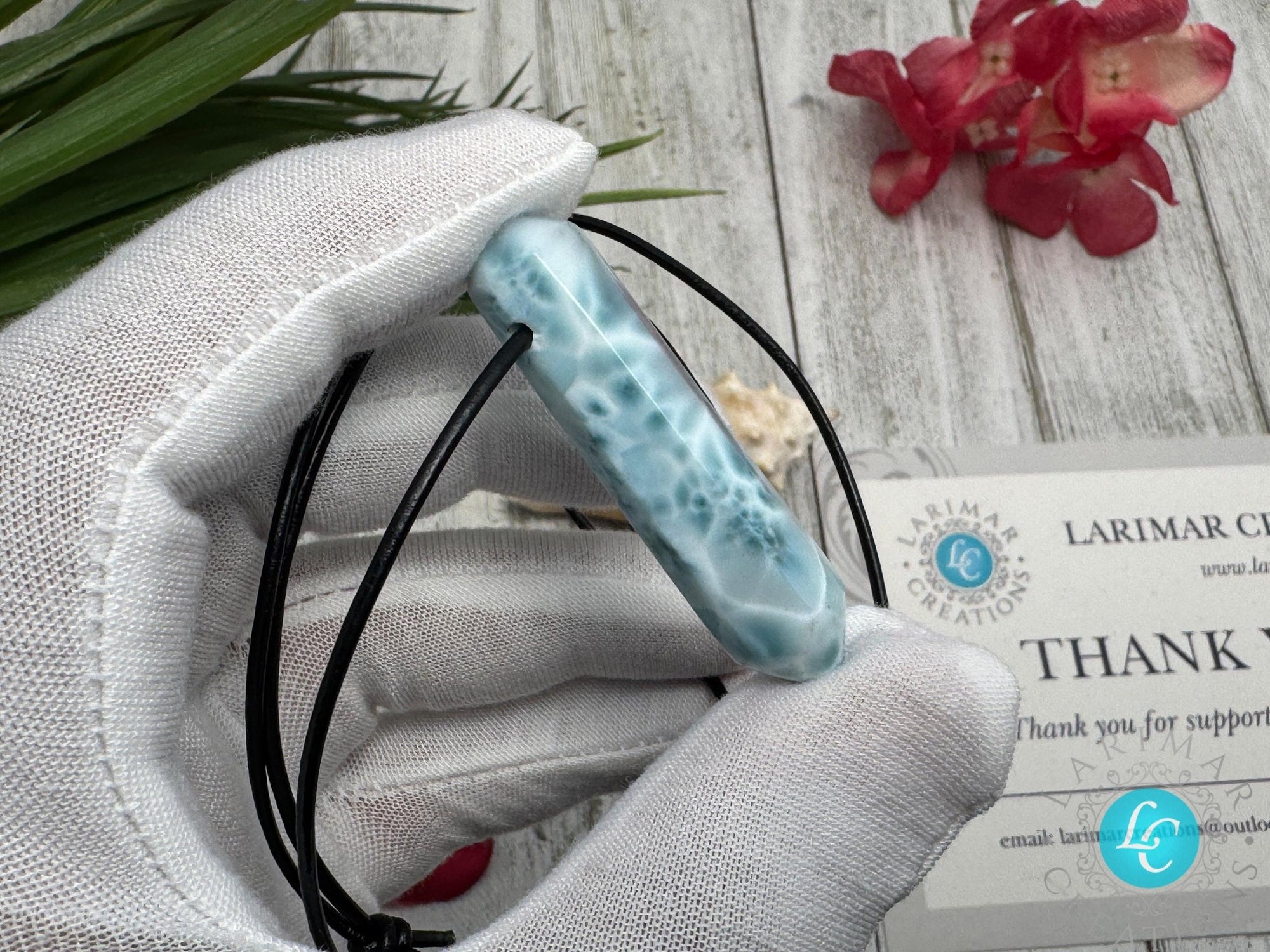 Larimar Leather Necklace pointer AAA - Larimar Creations