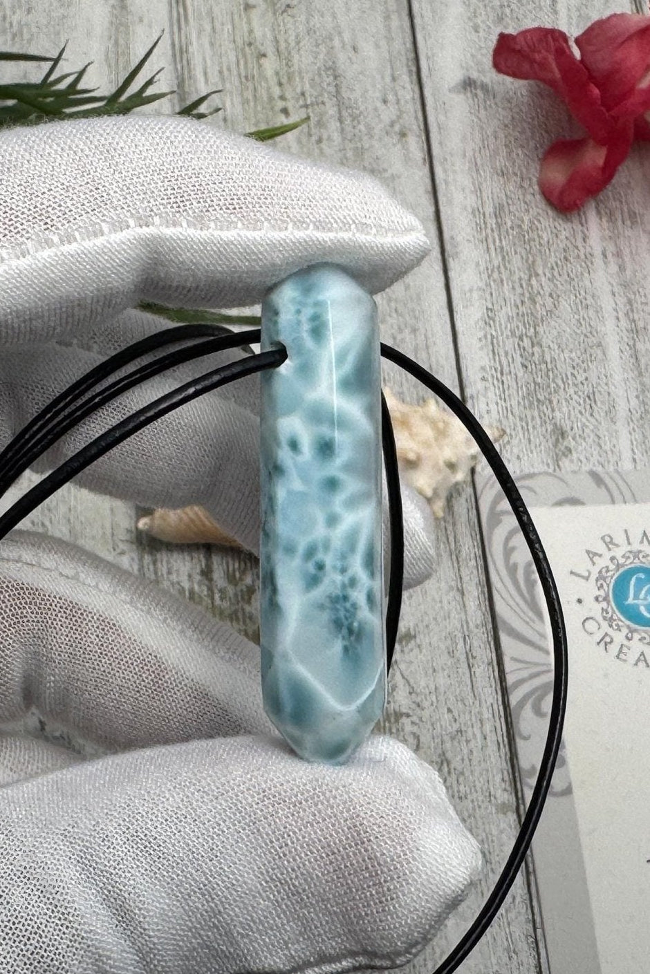 Larimar Leather Necklace pointer AAA - Larimar Creations