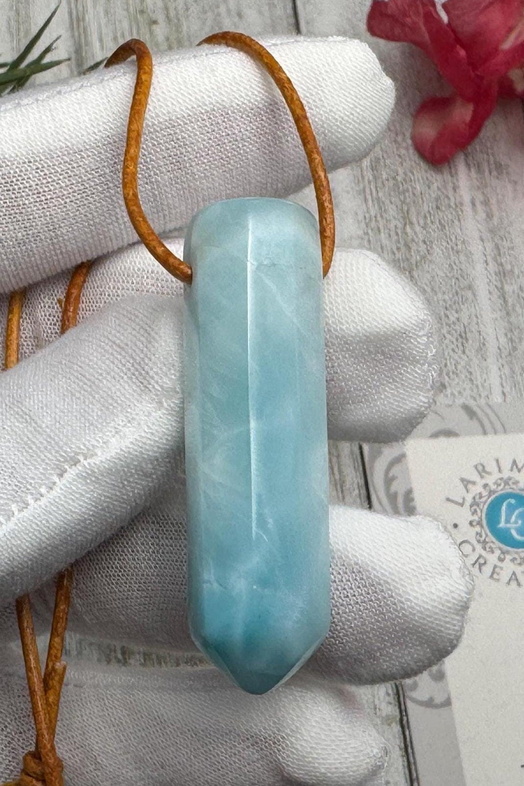 Larimar Leather Necklace pointer AAA+ thick pointer - Larimar Creations