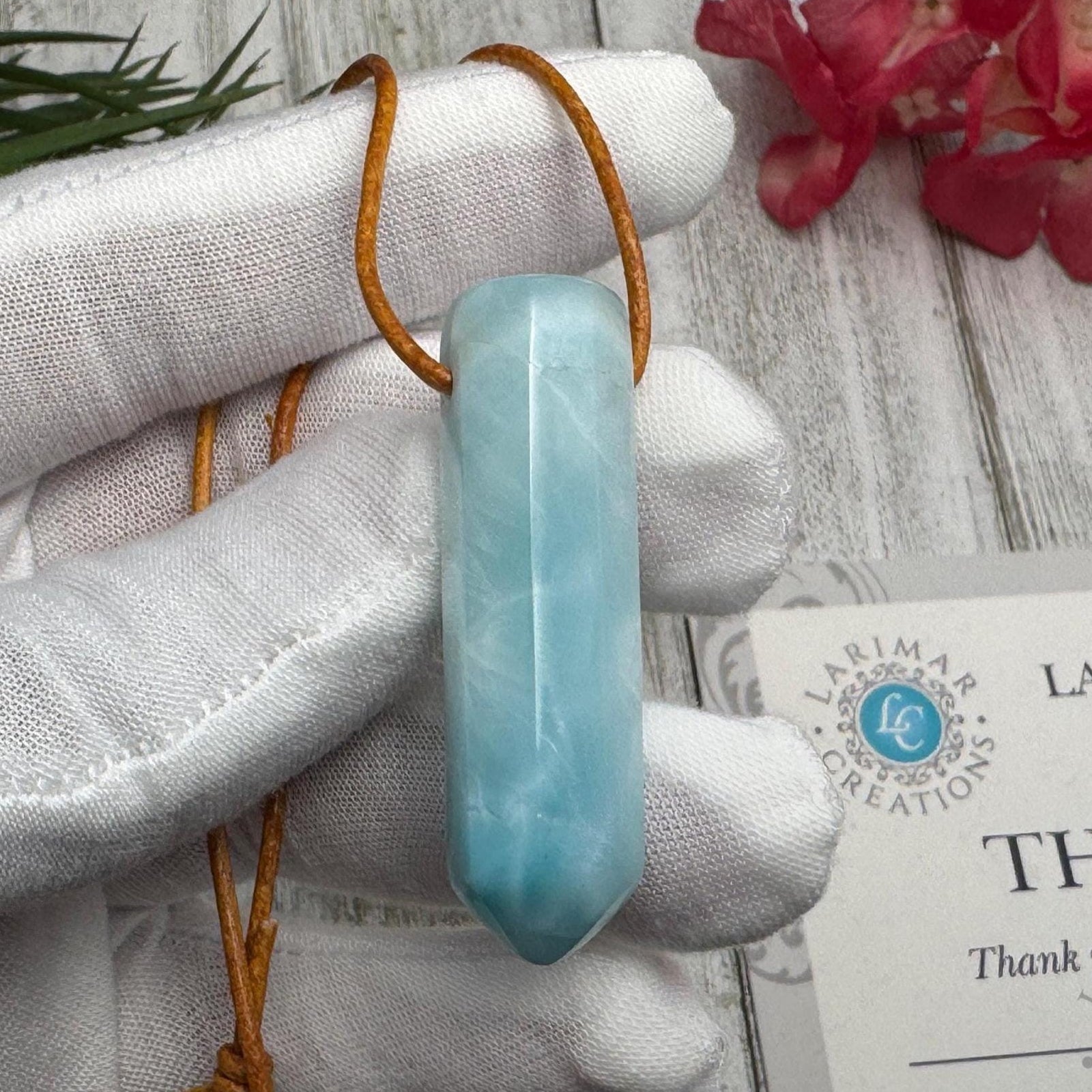 Larimar Leather Necklace pointer AAA+ thick pointer - Larimar Creations