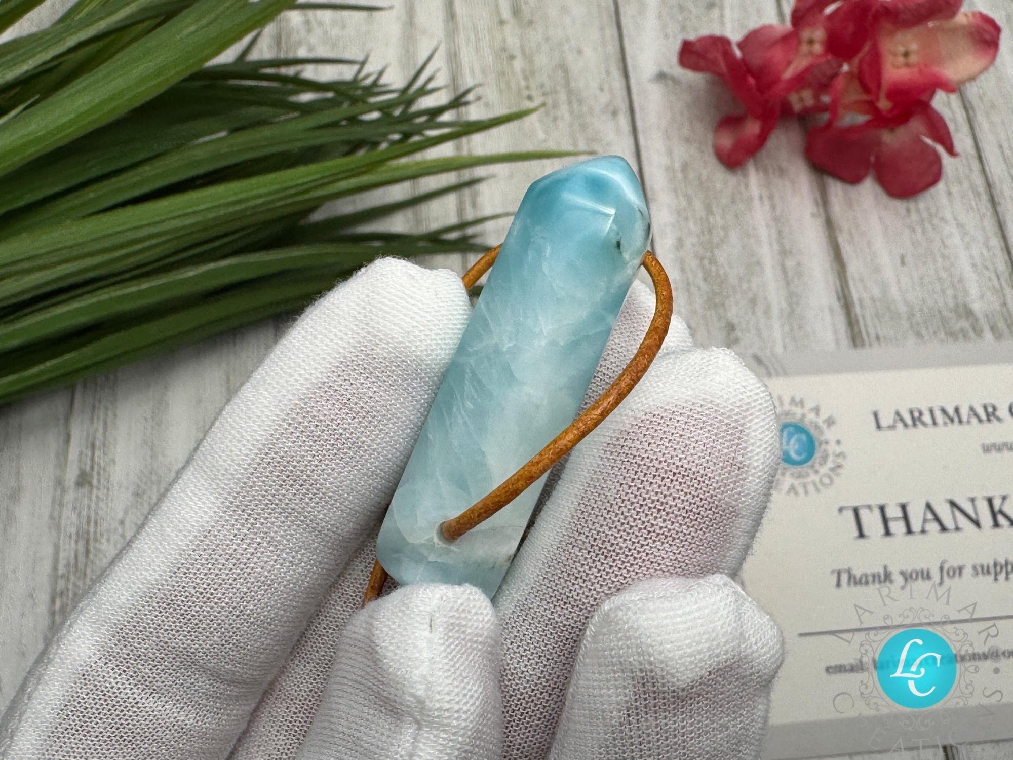 Larimar Leather Necklace pointer AAA+ thick pointer - Larimar Creations