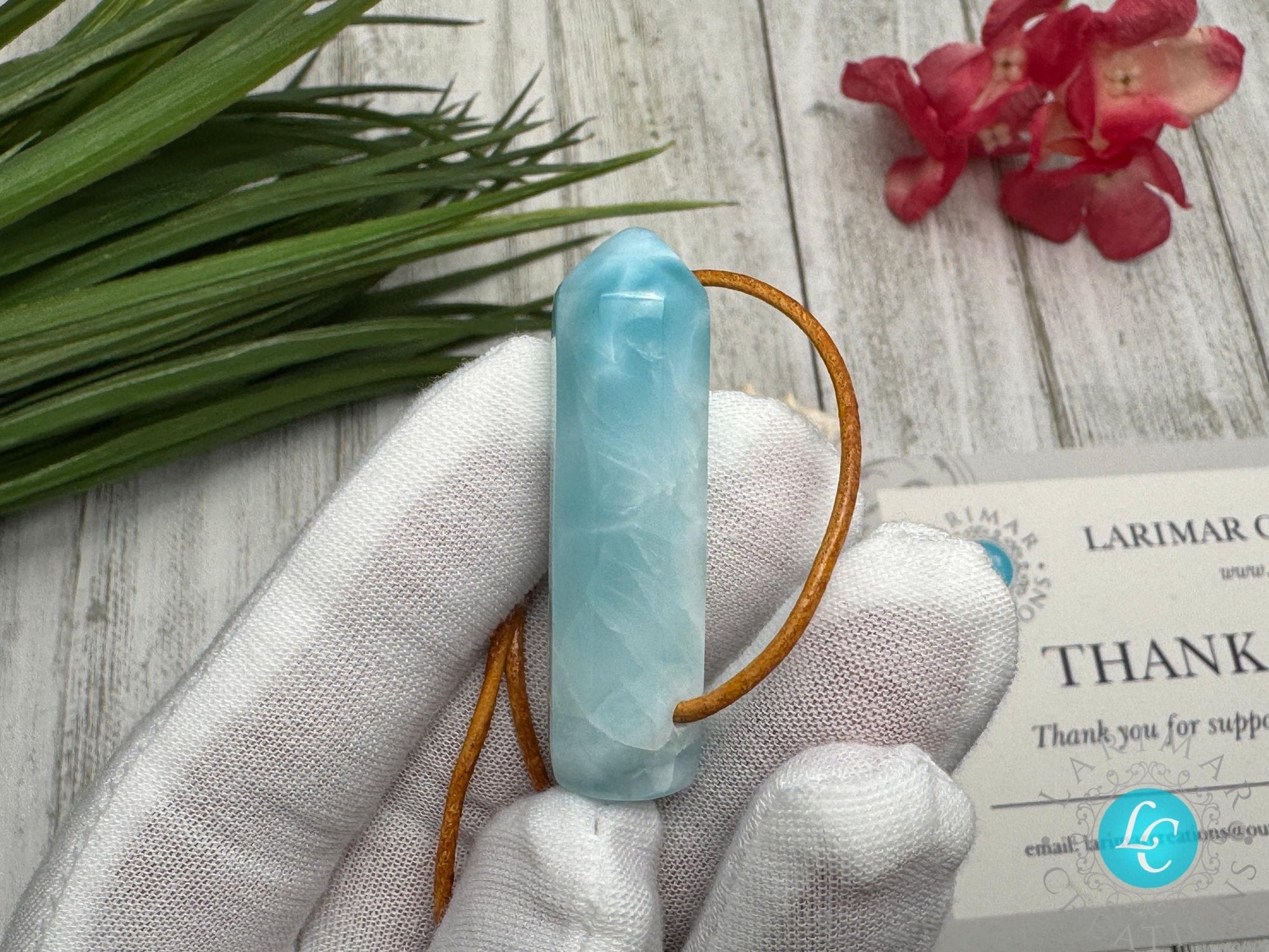 Larimar Leather Necklace pointer AAA+ thick pointer - Larimar Creations