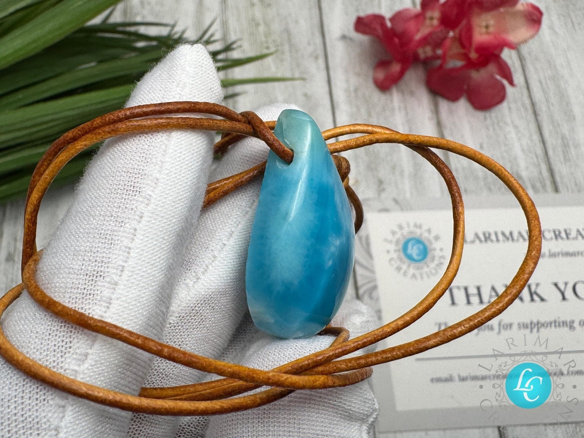 Larimar Leather Necklace Teardrop - Larimar Creations