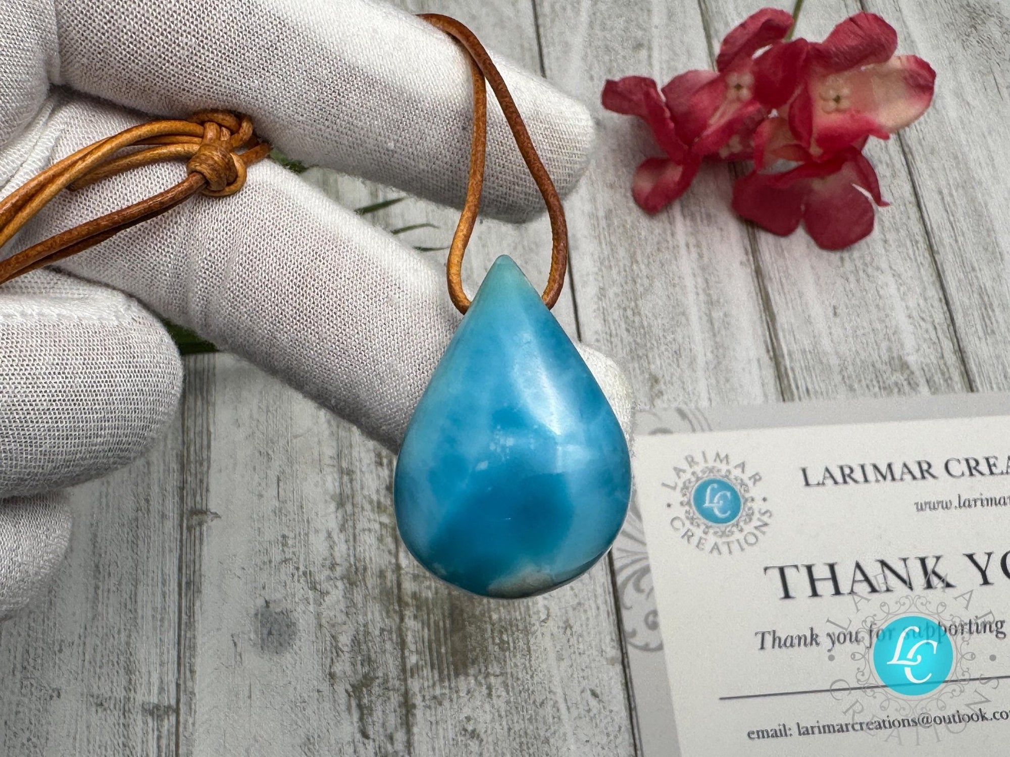 Larimar Leather Necklace Teardrop - Larimar Creations