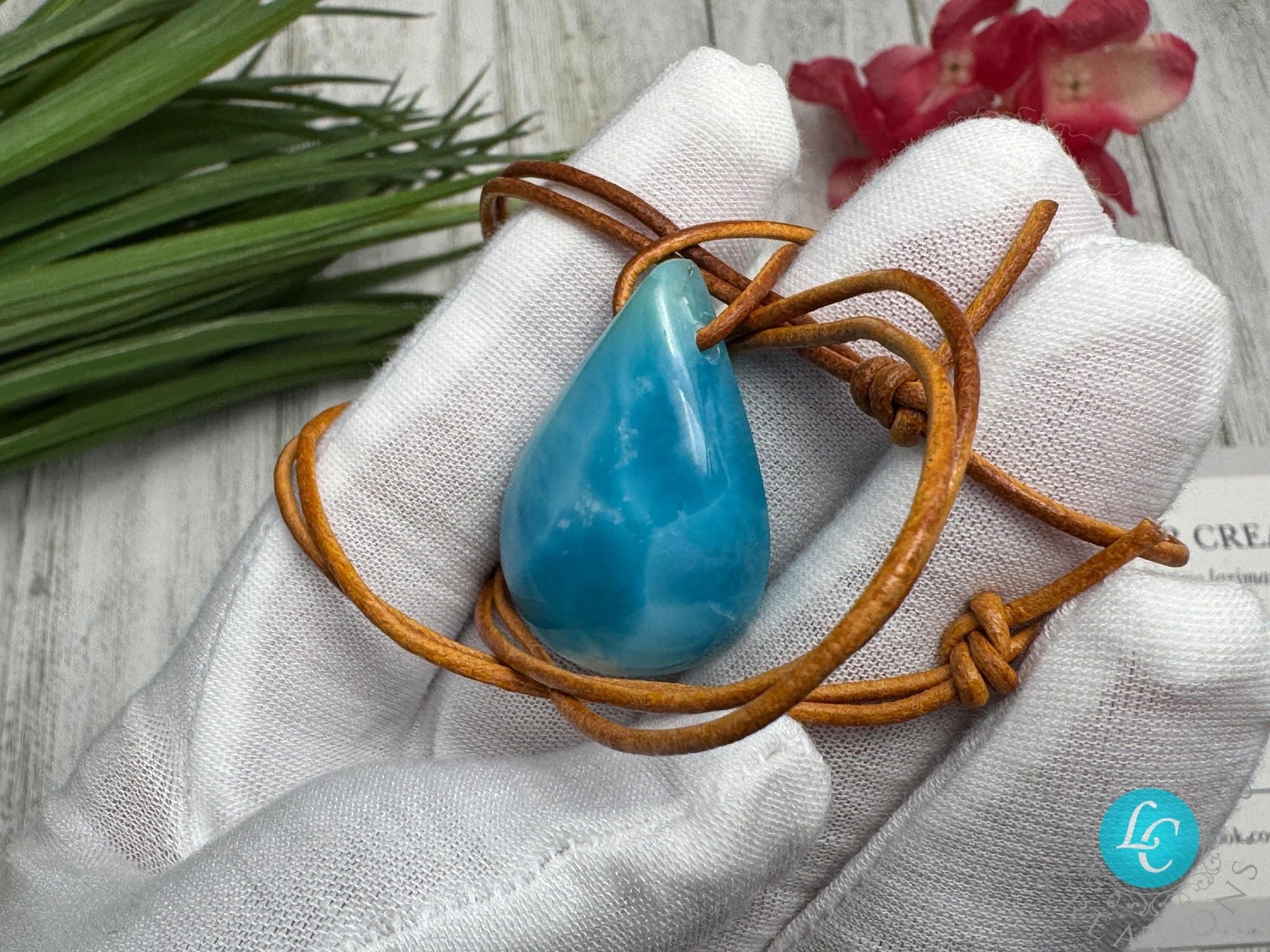 Larimar Leather Necklace Teardrop - Larimar Creations