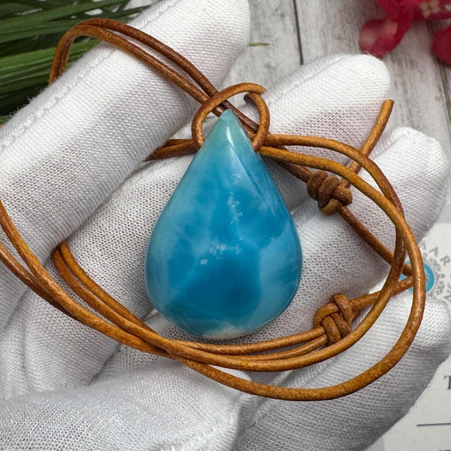 Larimar Leather Necklace Teardrop - Larimar Creations