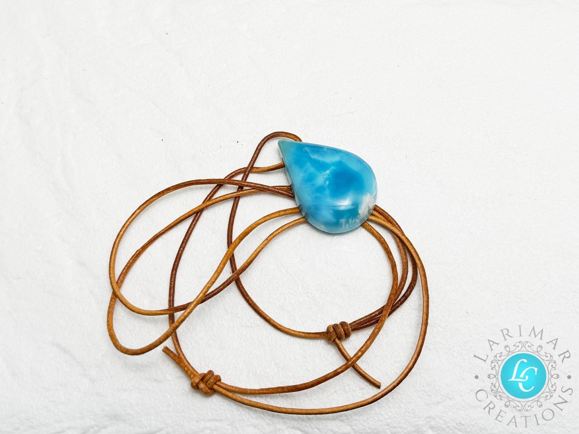 Larimar Leather Necklace Teardrop - Larimar Creations