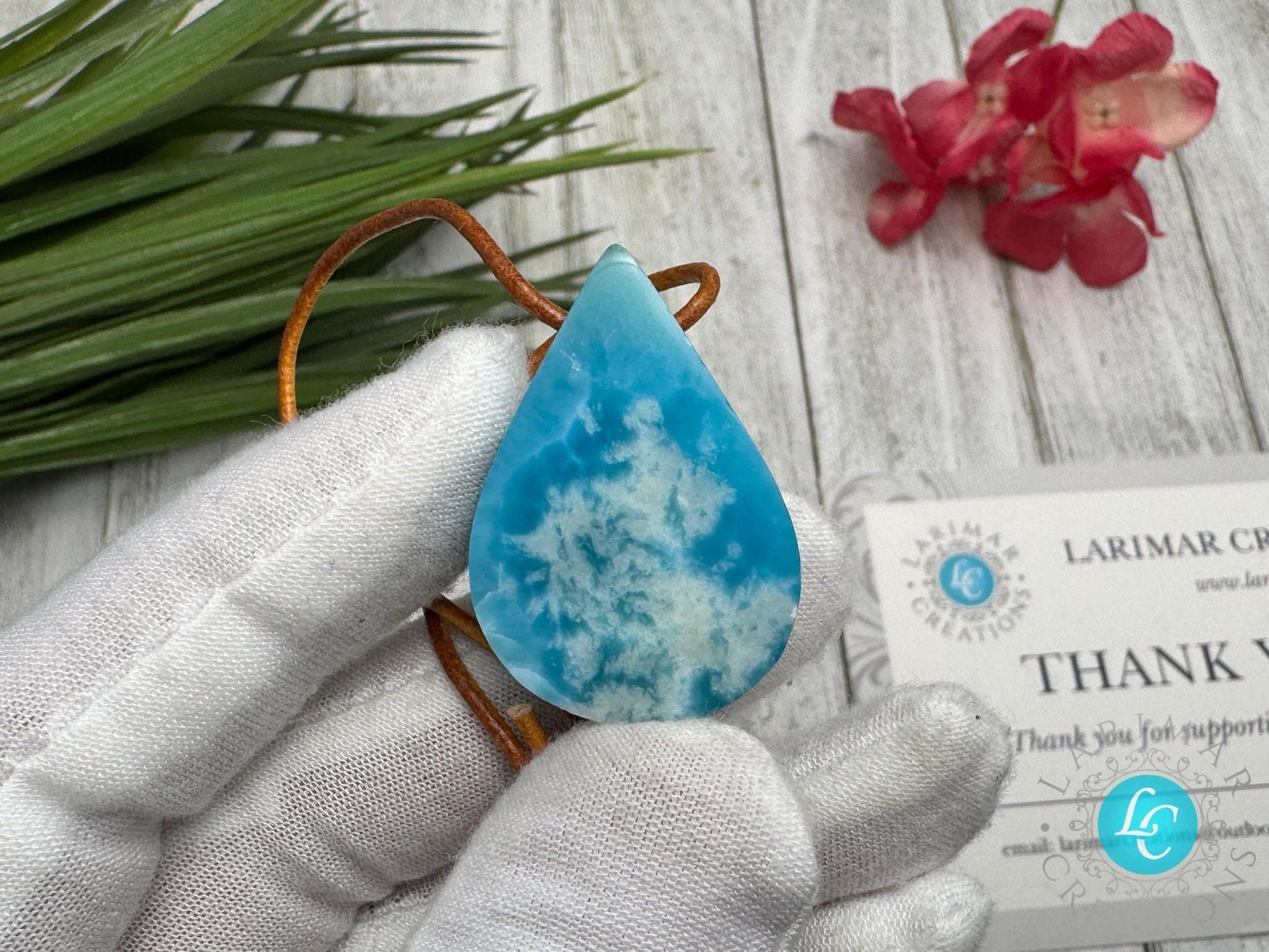 Larimar Leather Necklace Teardrop - Larimar Creations