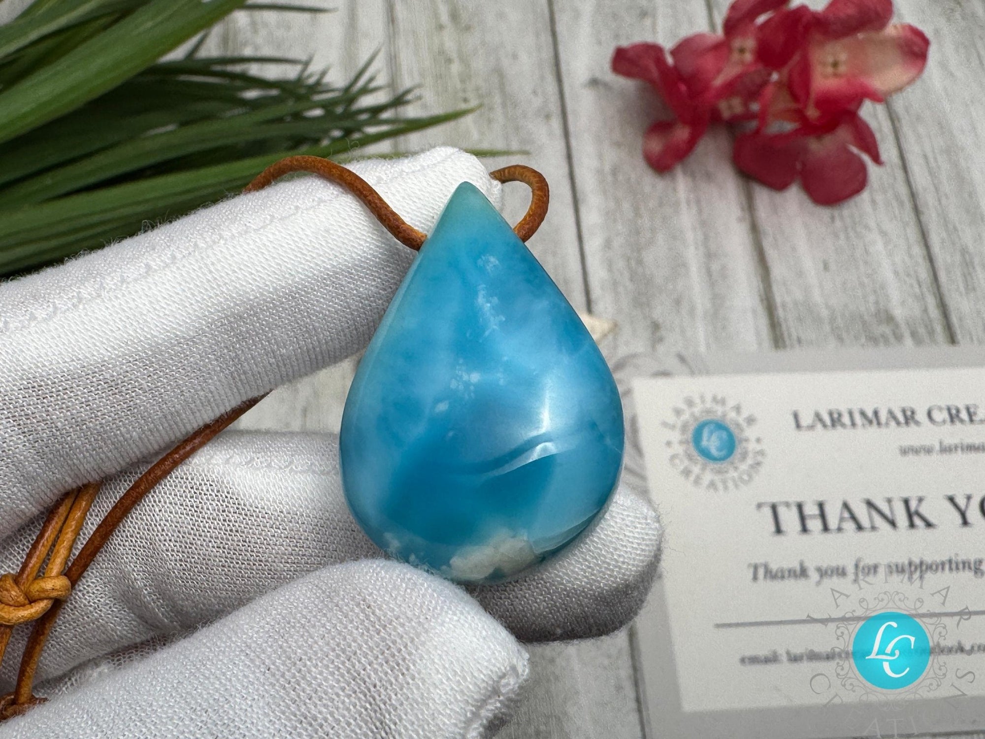 Larimar Leather Necklace Teardrop - Larimar Creations