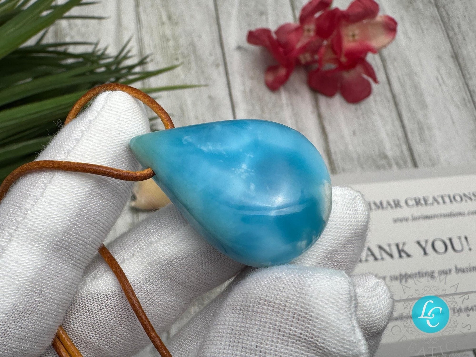 Larimar Leather Necklace Teardrop - Larimar Creations