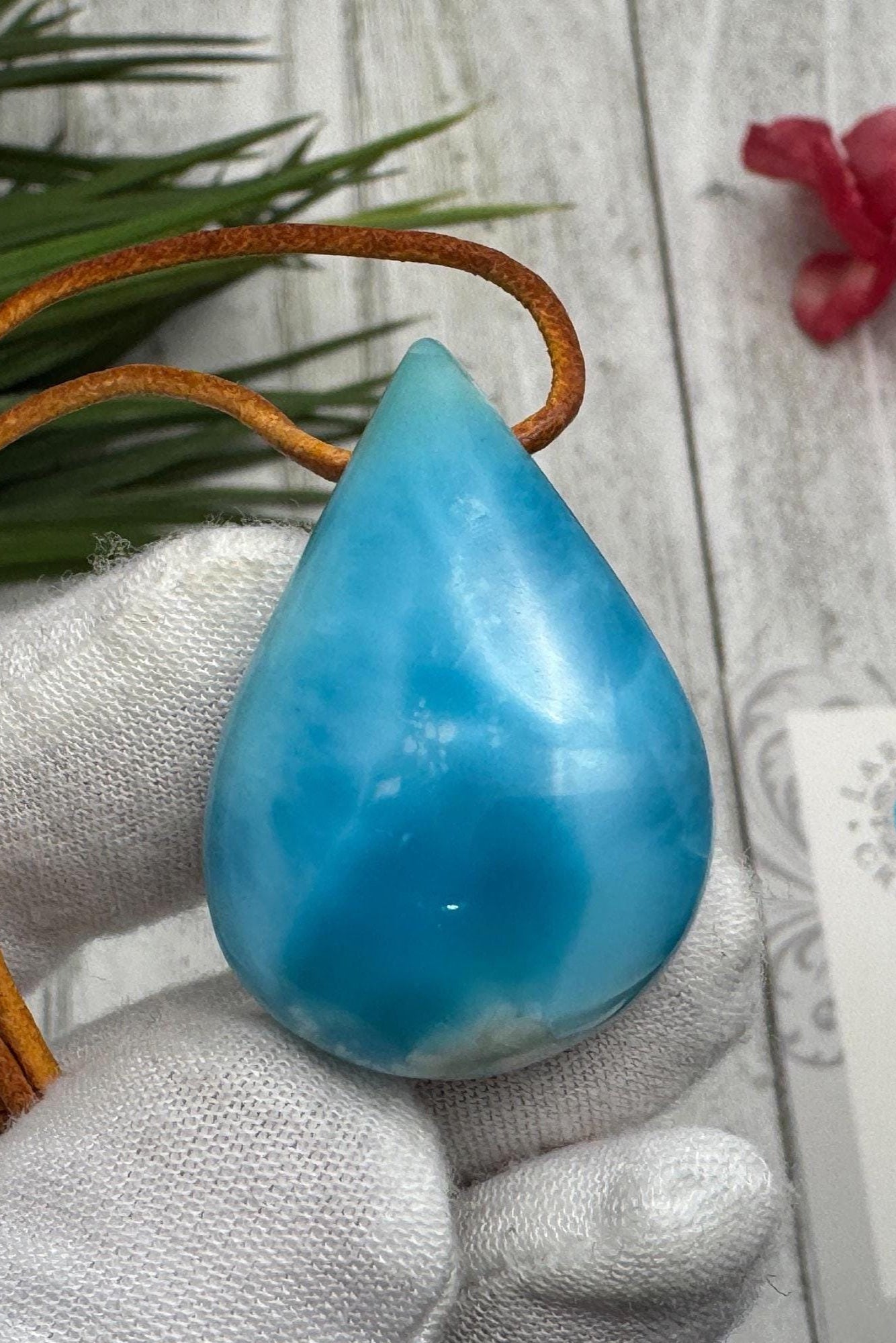 Larimar Leather Necklace Teardrop - Larimar Creations
