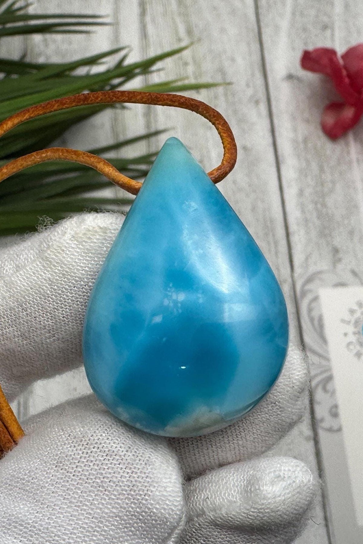 Larimar Leather Necklace Teardrop - Larimar Creations