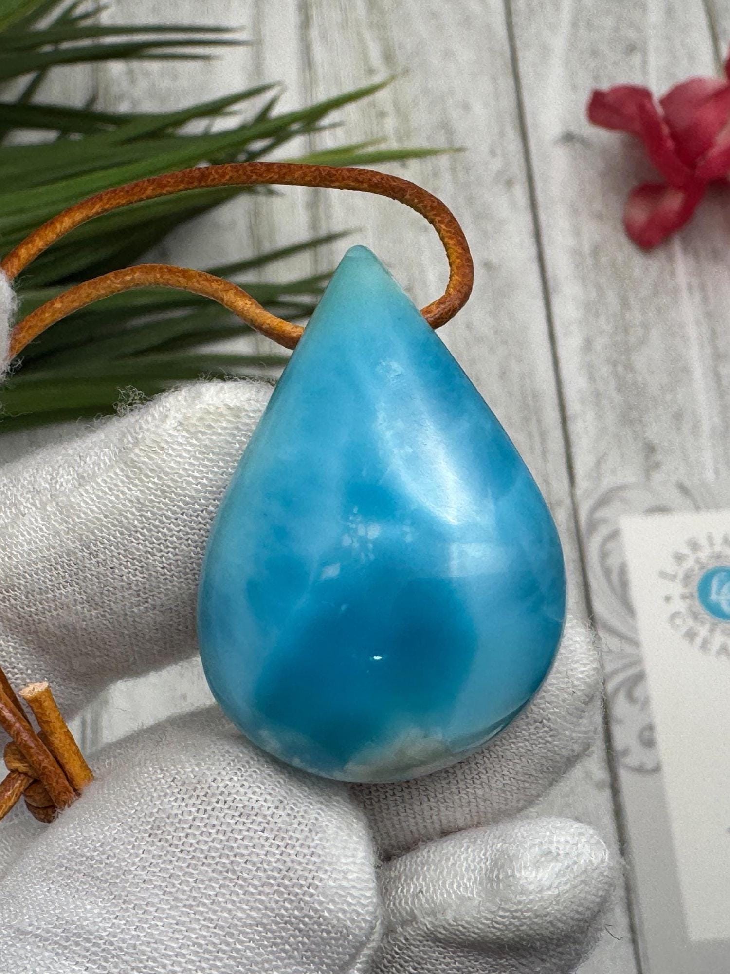 Larimar Leather Necklace Teardrop - Larimar Creations