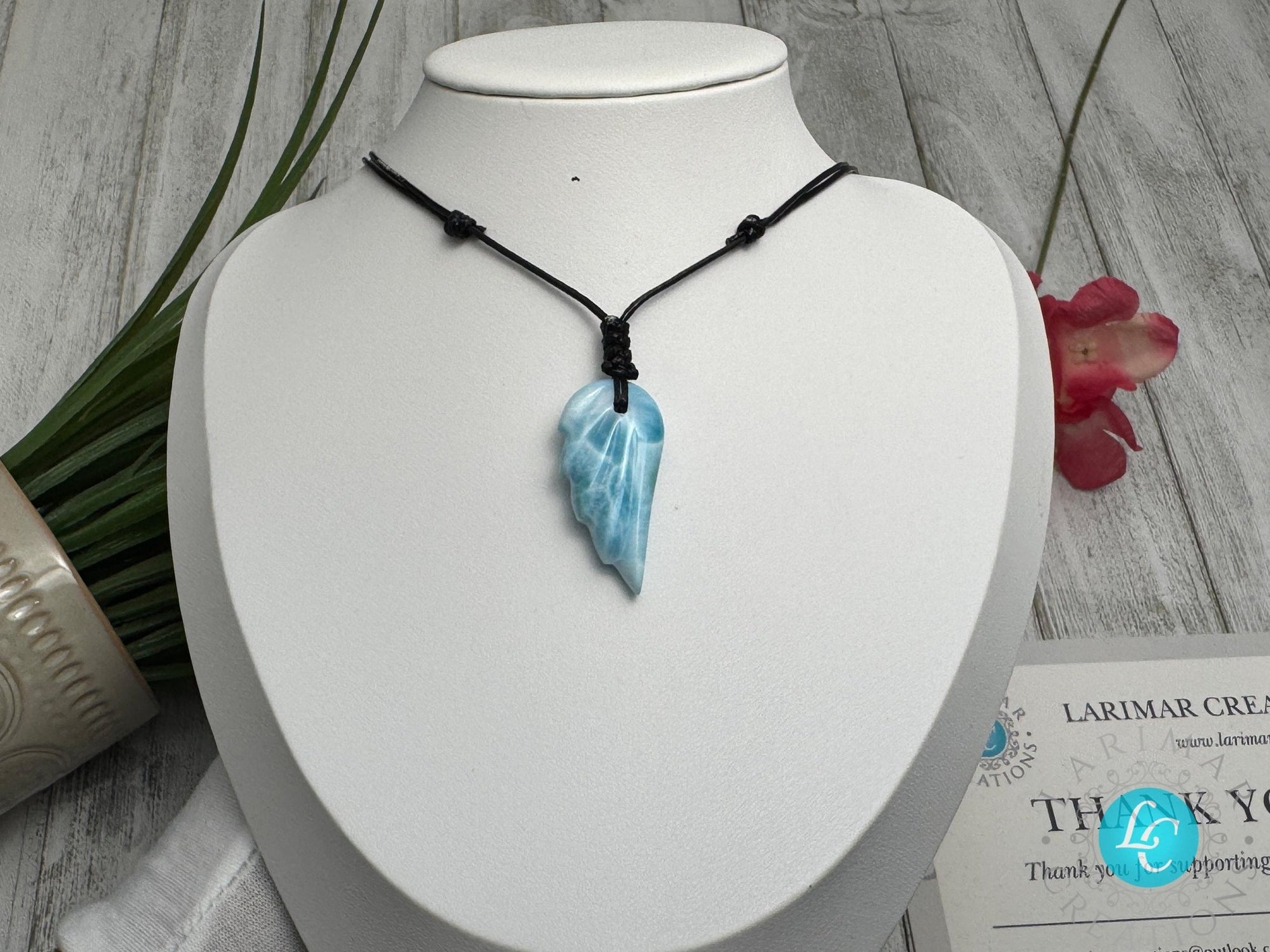 Stunning Larimar Pendant Wing Design on Adjustable rope - Larimar Necklace with Angel Wing gemstone