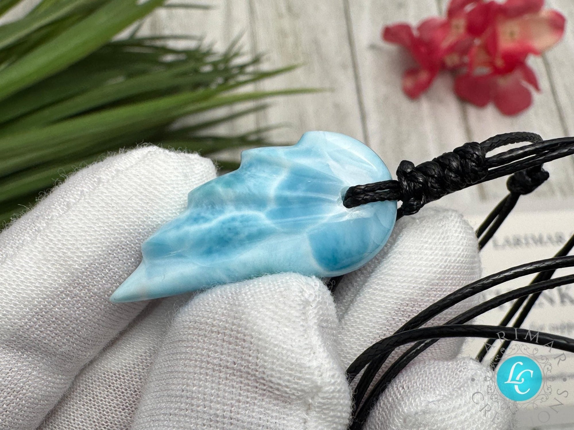 Stunning Larimar Pendant Wing Design on Adjustable rope - Larimar Necklace with Angel Wing gemstone