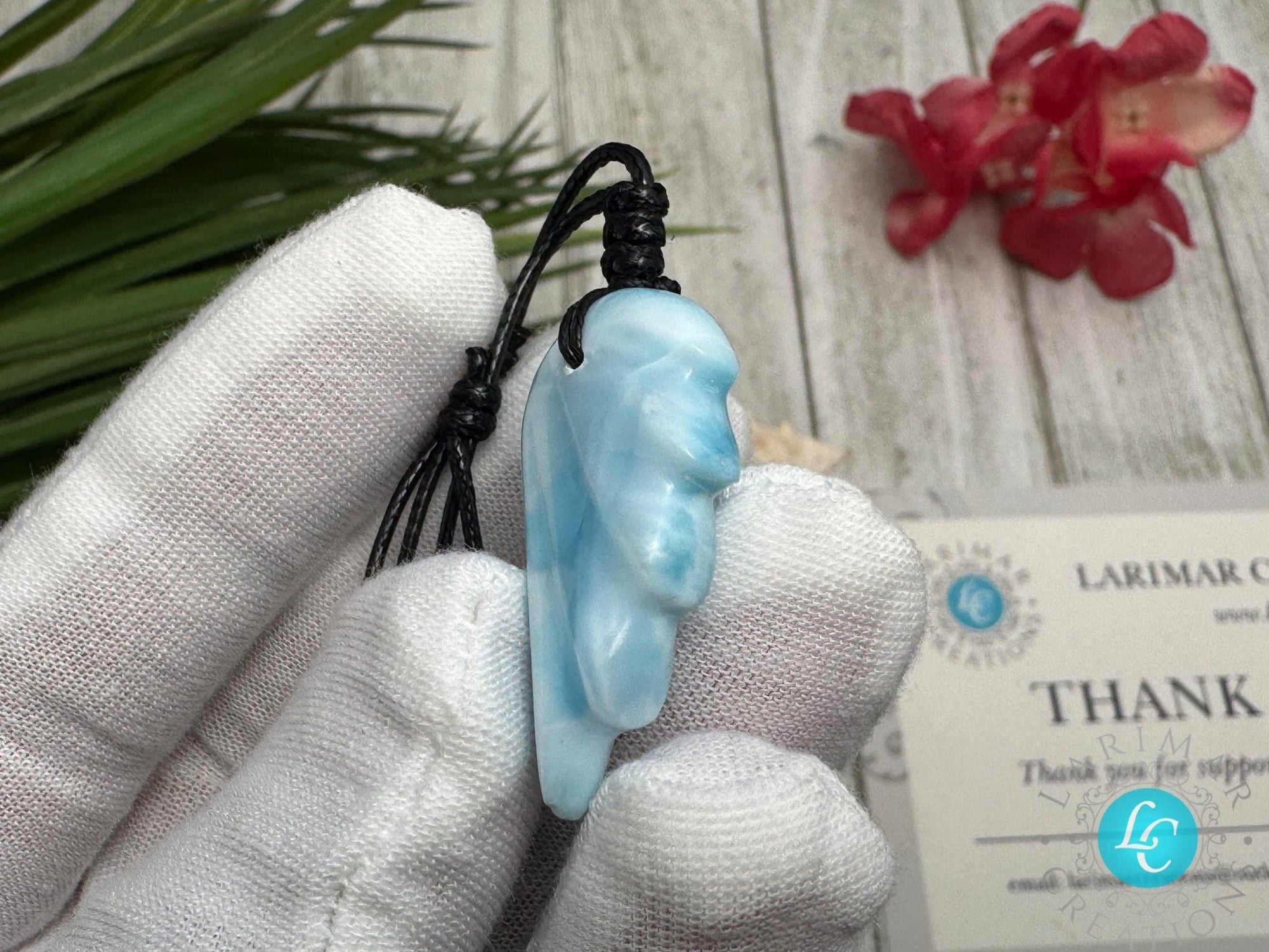 Stunning Larimar Pendant Wing Design on Adjustable rope - Larimar Necklace with Angel Wing gemstone