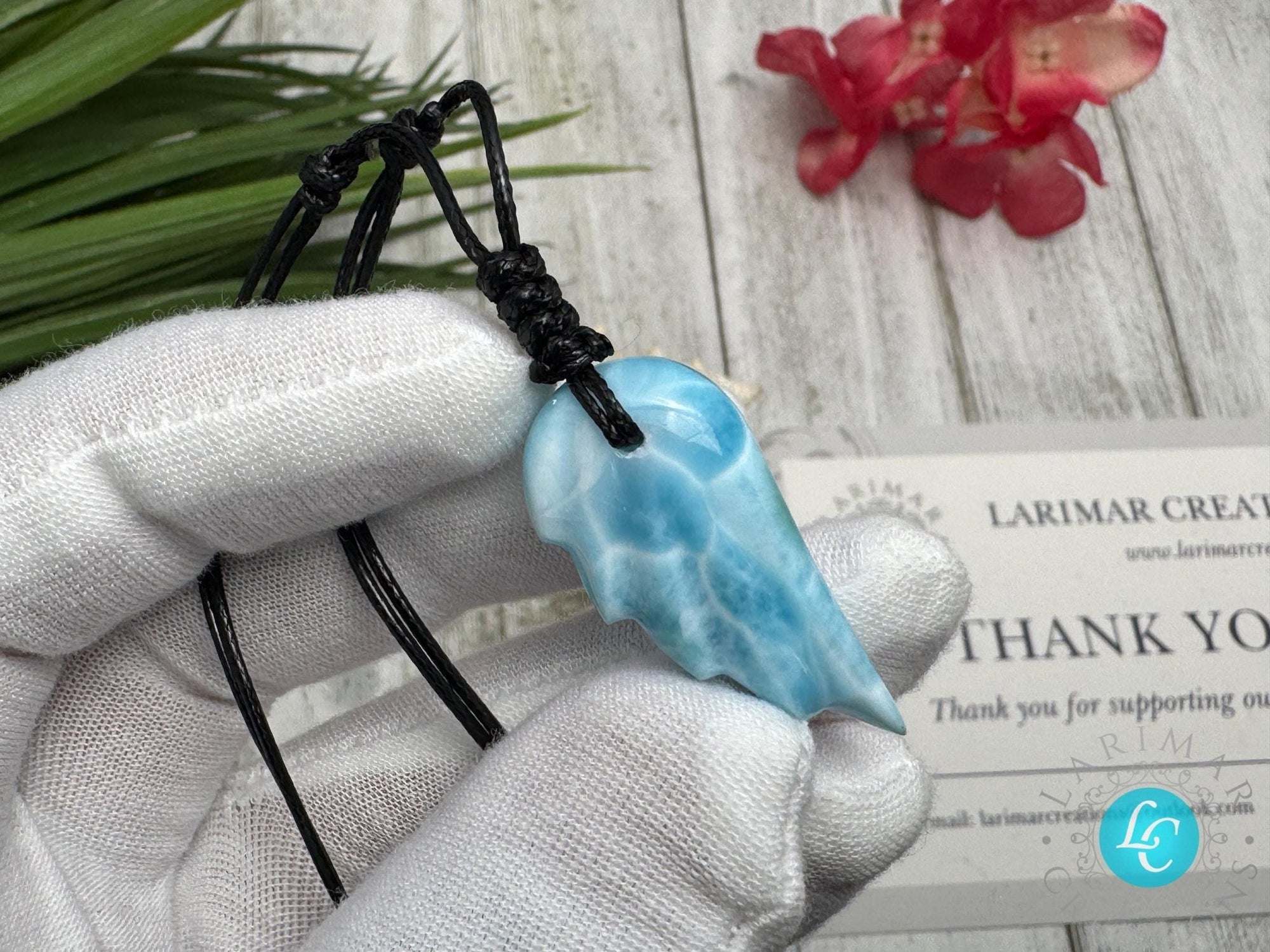 Stunning Larimar Pendant Wing Design on Adjustable rope - Larimar Necklace with Angel Wing gemstone