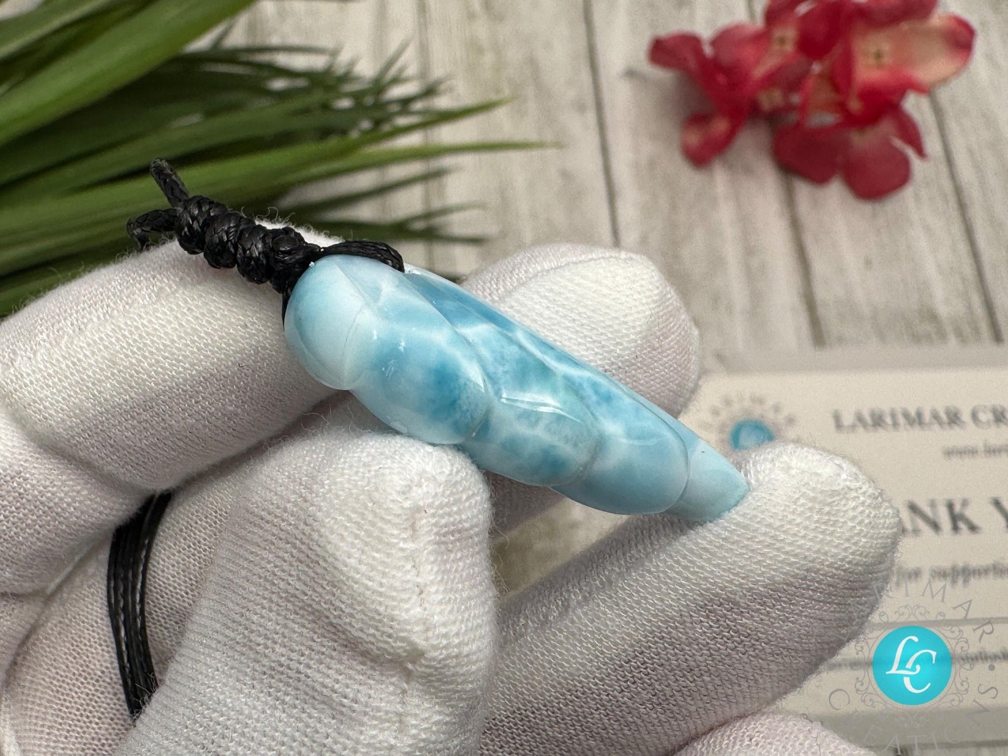 Stunning Larimar Pendant Wing Design on Adjustable rope - Larimar Necklace with Angel Wing gemstone