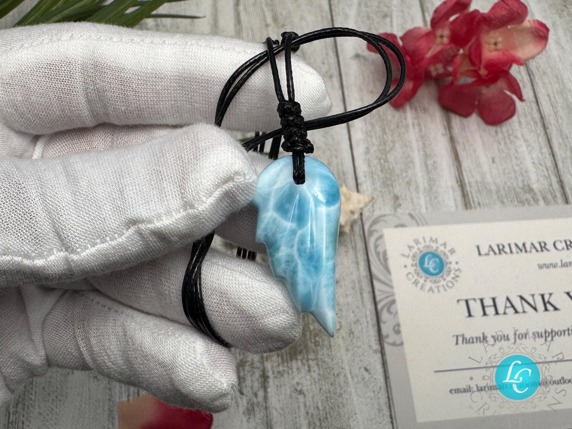 Stunning Larimar Pendant Wing Design on Adjustable rope - Larimar Necklace with Angel Wing gemstone
