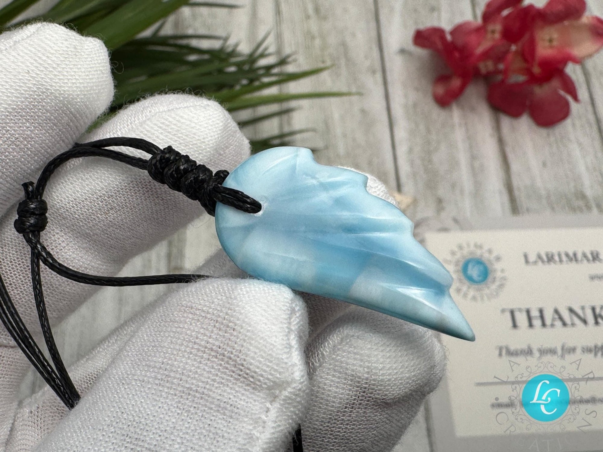 Stunning Larimar Pendant Wing Design on Adjustable rope - Larimar Necklace with Angel Wing gemstone