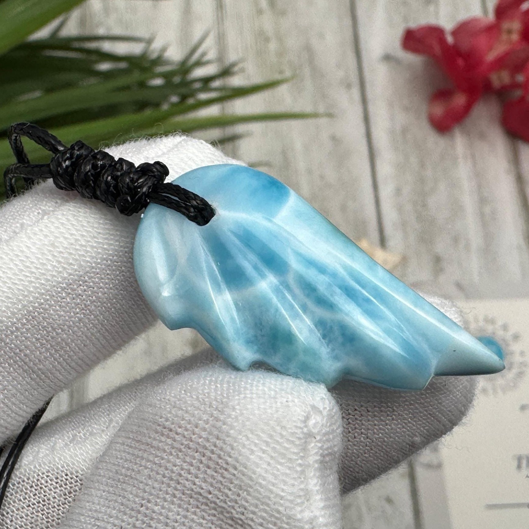 Stunning Larimar Pendant Wing Design on Adjustable rope - Larimar Necklace with Angel Wing gemstone