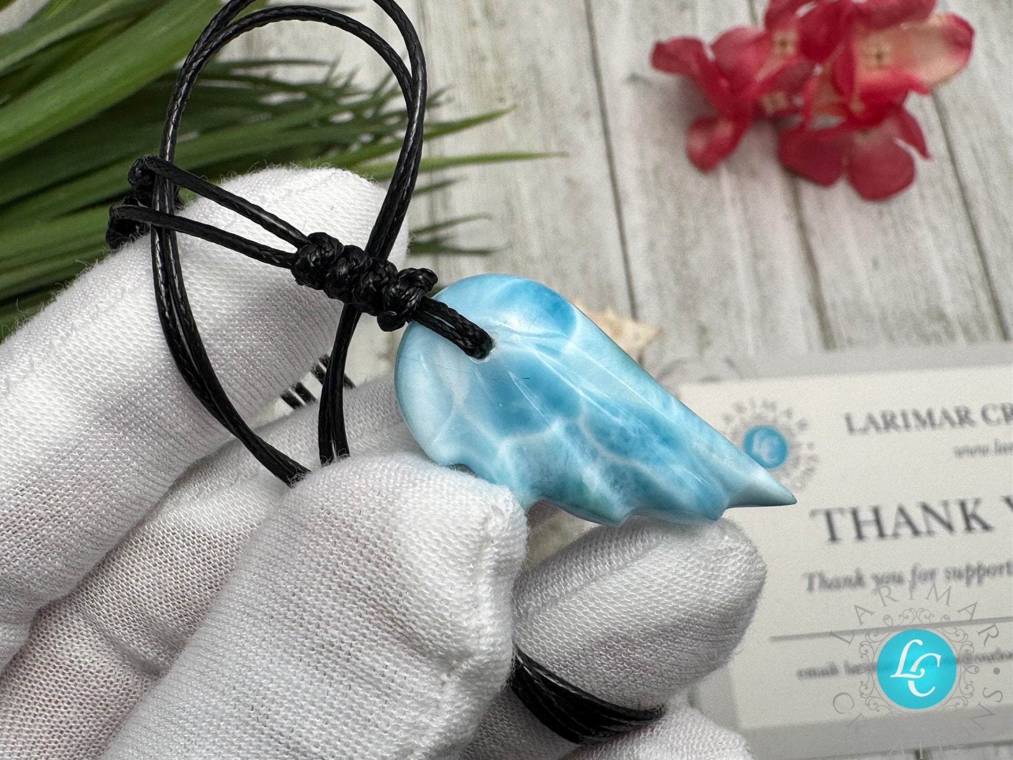 Stunning Larimar Pendant Wing Design on Adjustable rope - Larimar Necklace with Angel Wing gemstone
