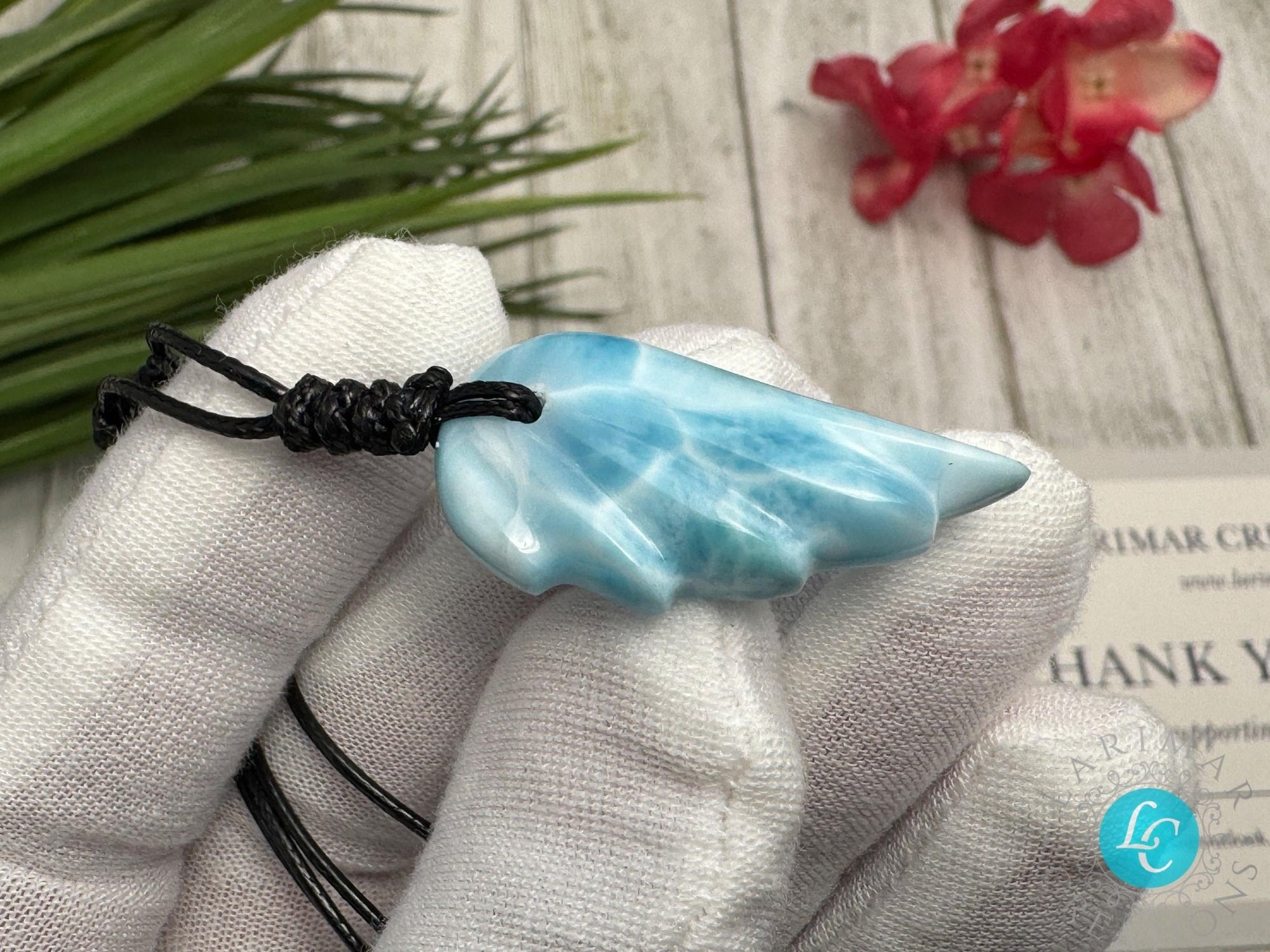 Stunning Larimar Pendant Wing Design on Adjustable rope - Larimar Necklace with Angel Wing gemstone