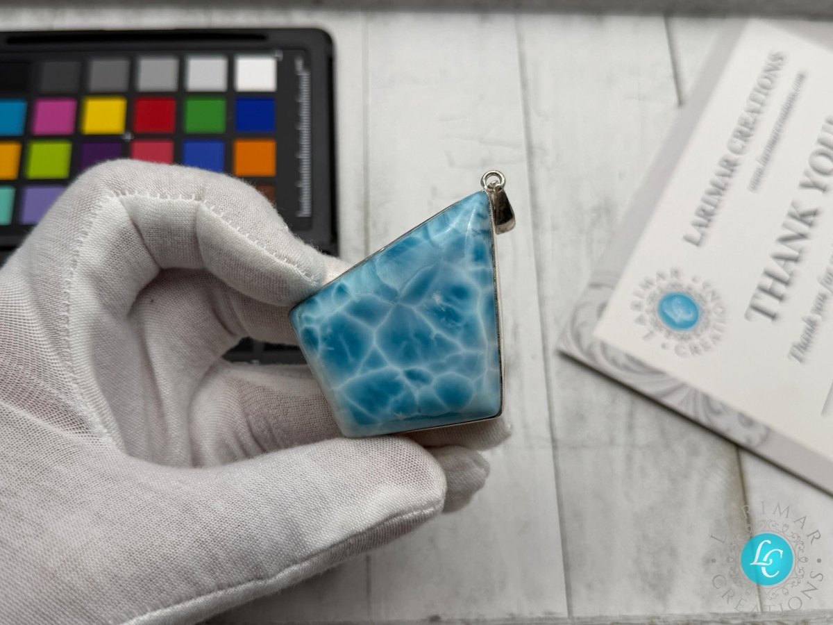 Larimar Pendant Extra Large 925 Sterling Silver diamond shape - Larimar Creations