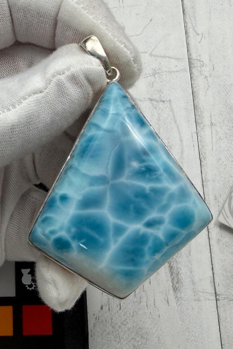Larimar Pendant Extra Large 925 Sterling Silver diamond shape - Larimar Creations